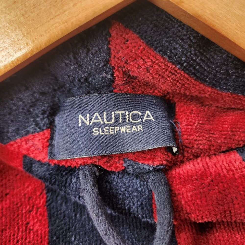 Vintage Nautica Long Robe Mens Heavyweight Terry Cloth Striped Red Navy Blue - Picture 6 of 8